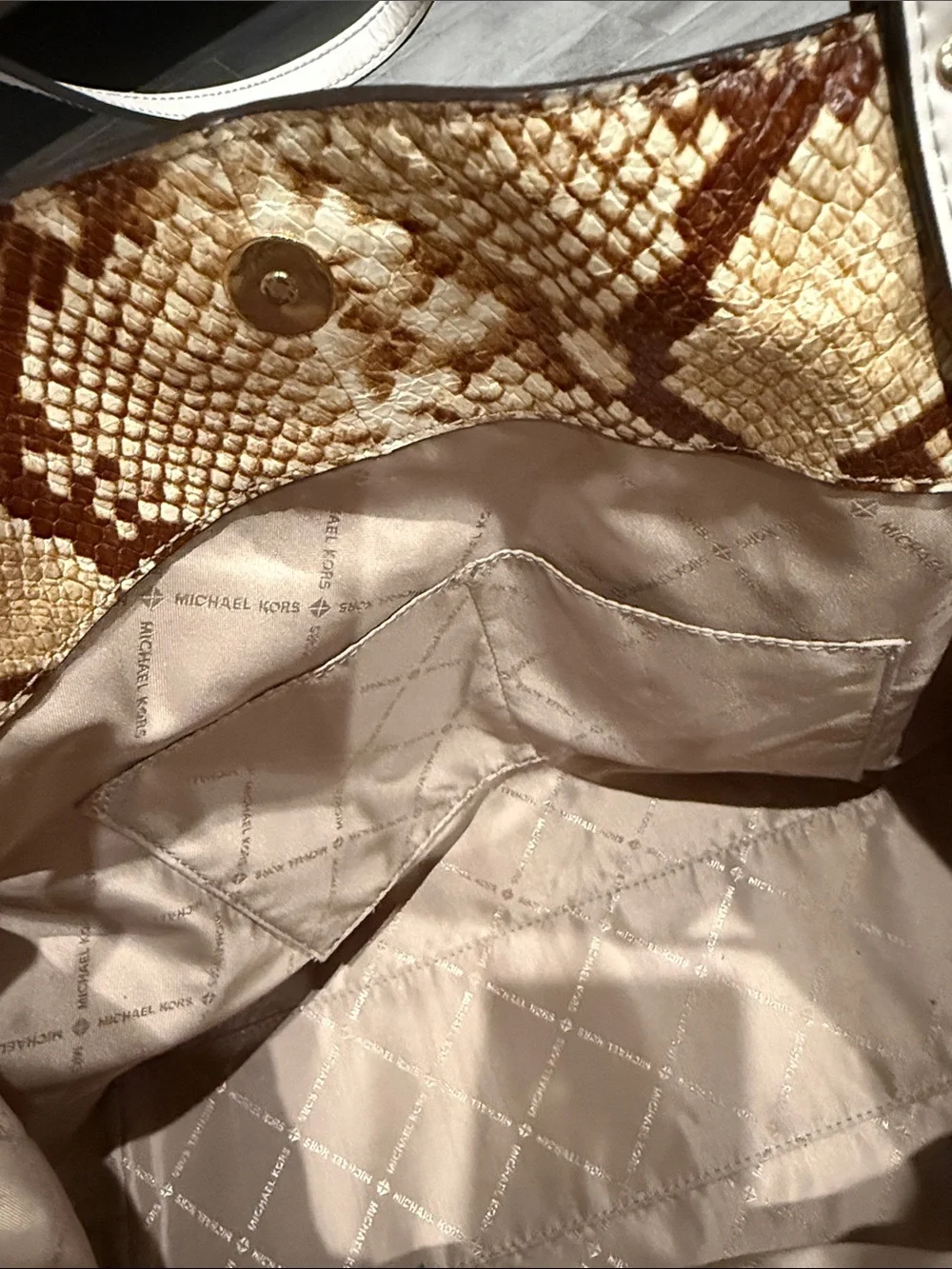 Michael Kors Brown Snake-Print Tote with Cream Handles